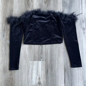 HYFVE Velour Crop Top Womens M Black Faux Fur Trim Club Rave Whimsigoth Witch